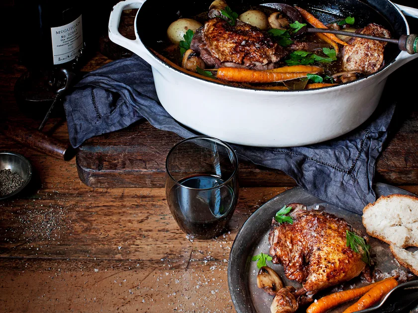 Coq au vin with crispy baguette recipe