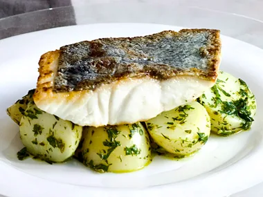 crispy-skinned fish with salsa verde potatoes