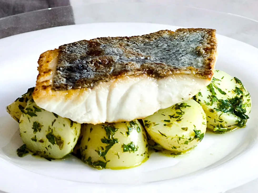 crispy-skinned fish with salsa verde potatoes