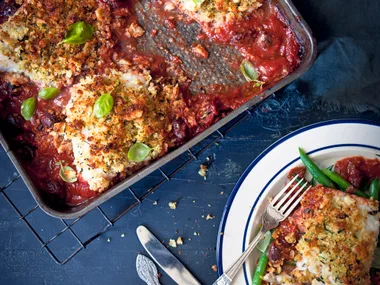 Crusted Baked ling with tomato, Caper and Olive sauce