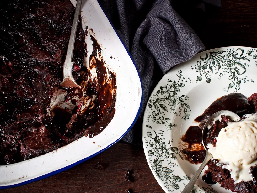 Double chocolate raspberry self-saucing pudding