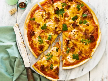 Garlic prawn, chorizo and chilli pizza