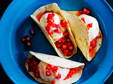Ice-cream tacos with strawberry, tequila and lime salsa