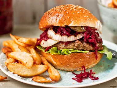 INSIDE-OUT CHEESE BURGERS WITH BEETROOT COMPOTE