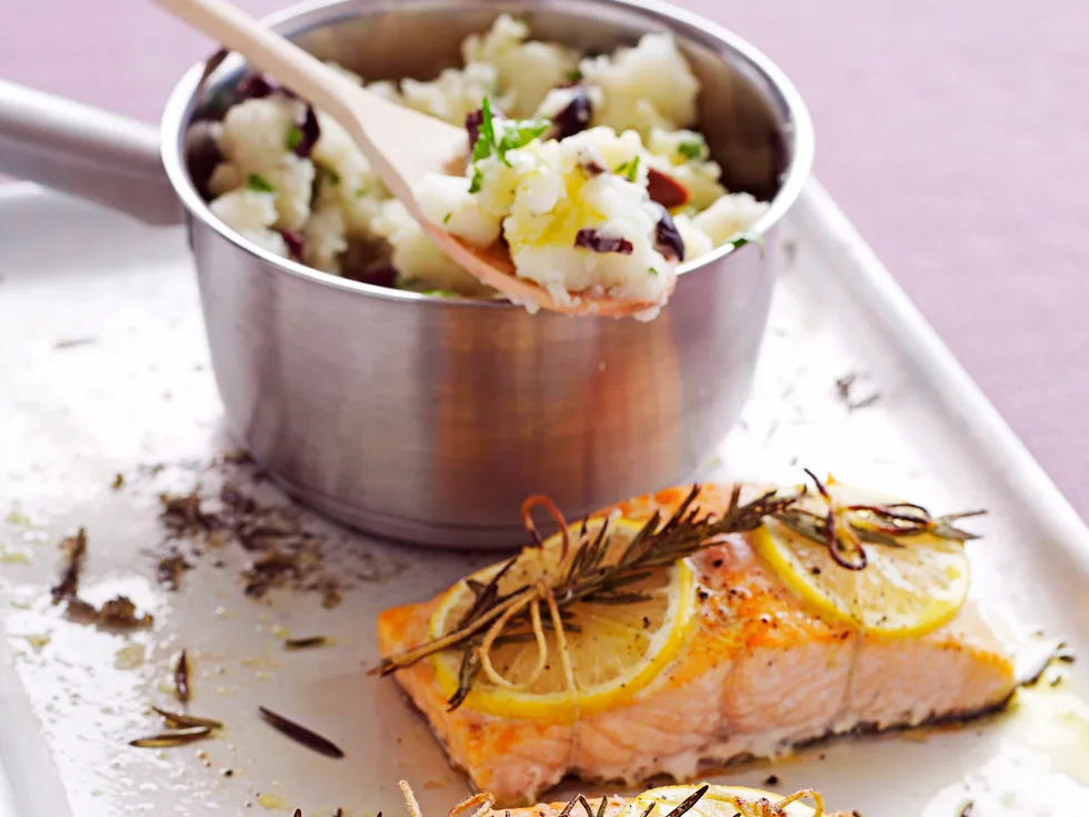 Lemon roasted salmon with olive mashed potatoes