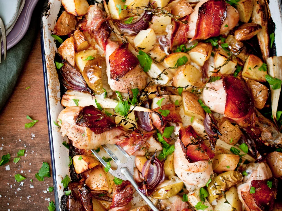 MAPLE BACON CHICKEN WITH POTATO, PARSNIP and APPLE