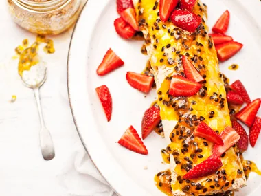 Pavlova roulade with passionfruit and lime syrup
