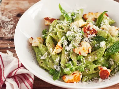 Pea, haloumi and mint penne