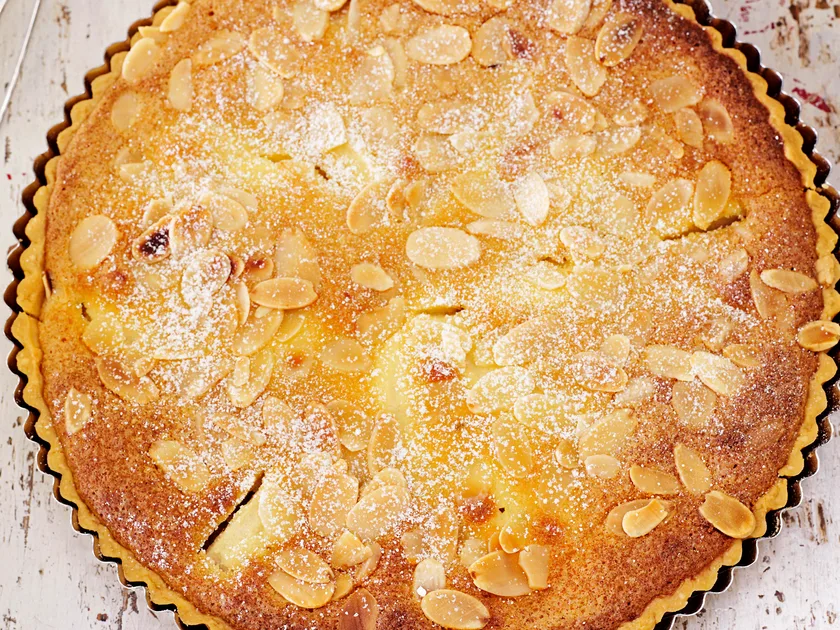 Pear and almond tart with choc sherry sauce