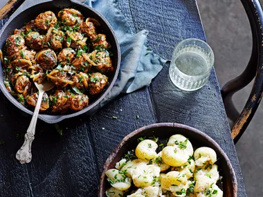 Pork, pear and cider meatballs with chive crushed potatoes