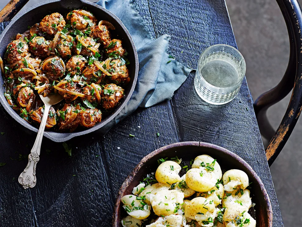 Pork, pear and cider meatballs with chive crushed potatoes