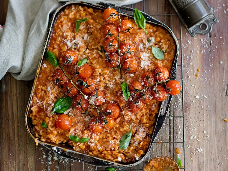 roasted tomatoes bacon and basil baked risotto