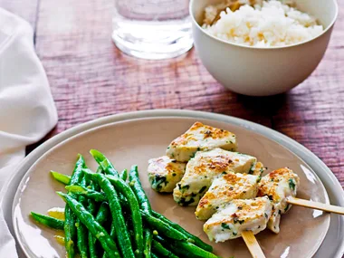 swordfish kebabs with wasabi snake beans and rice