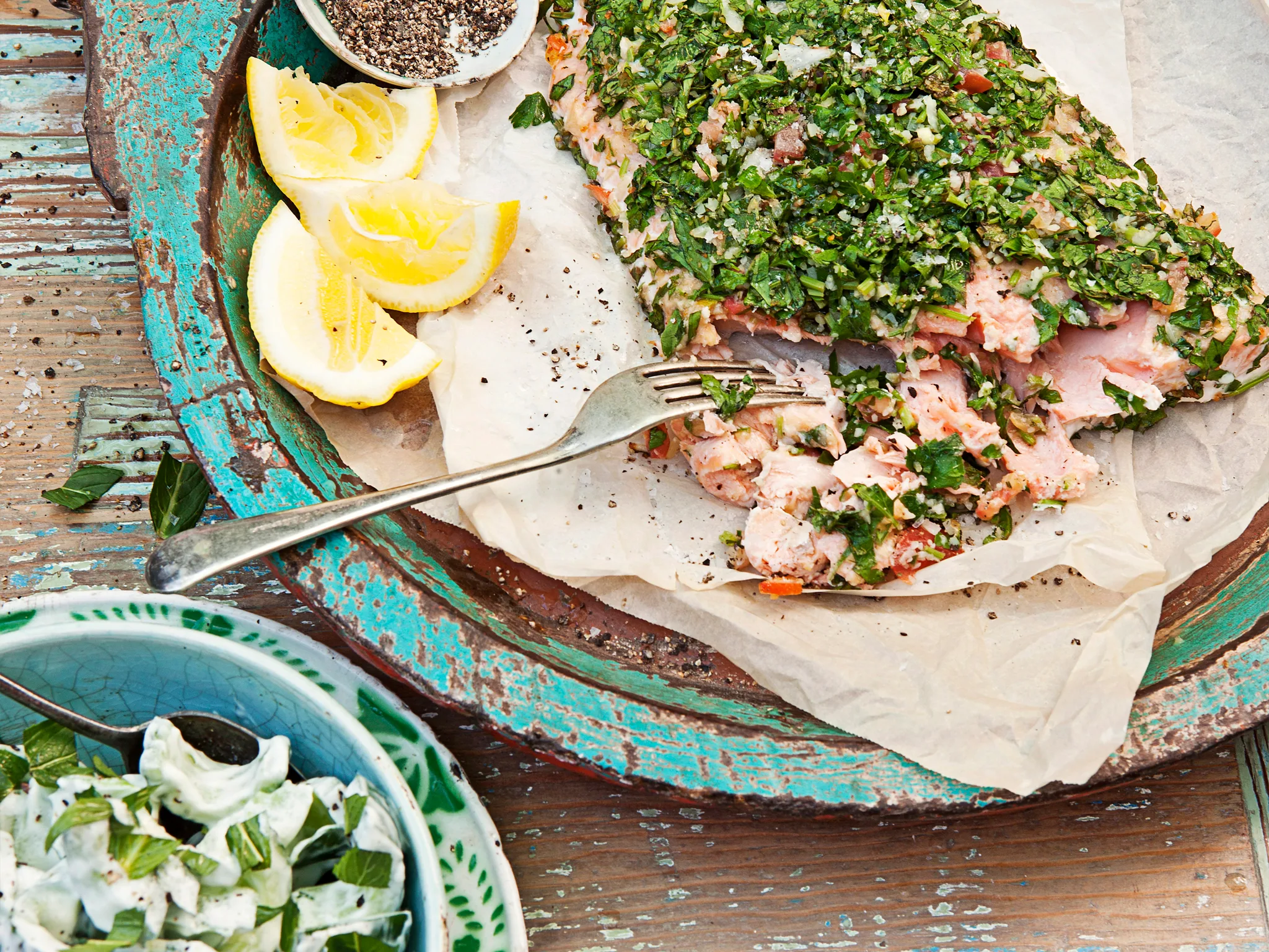 Tahini and tabouli salmon with chunky tzatziki salad