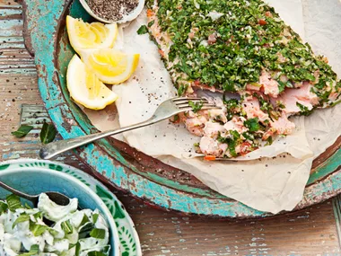 Tahini and tabouli salmon with chunky tzatziki salad