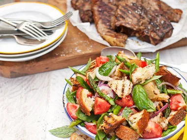 T-bones with BBQ asparagus panzanella
