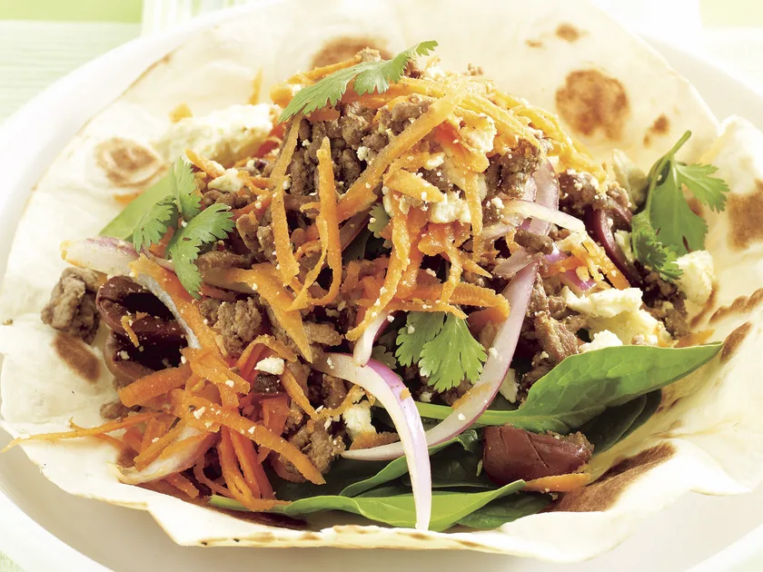 Feta and olive beef tostadas