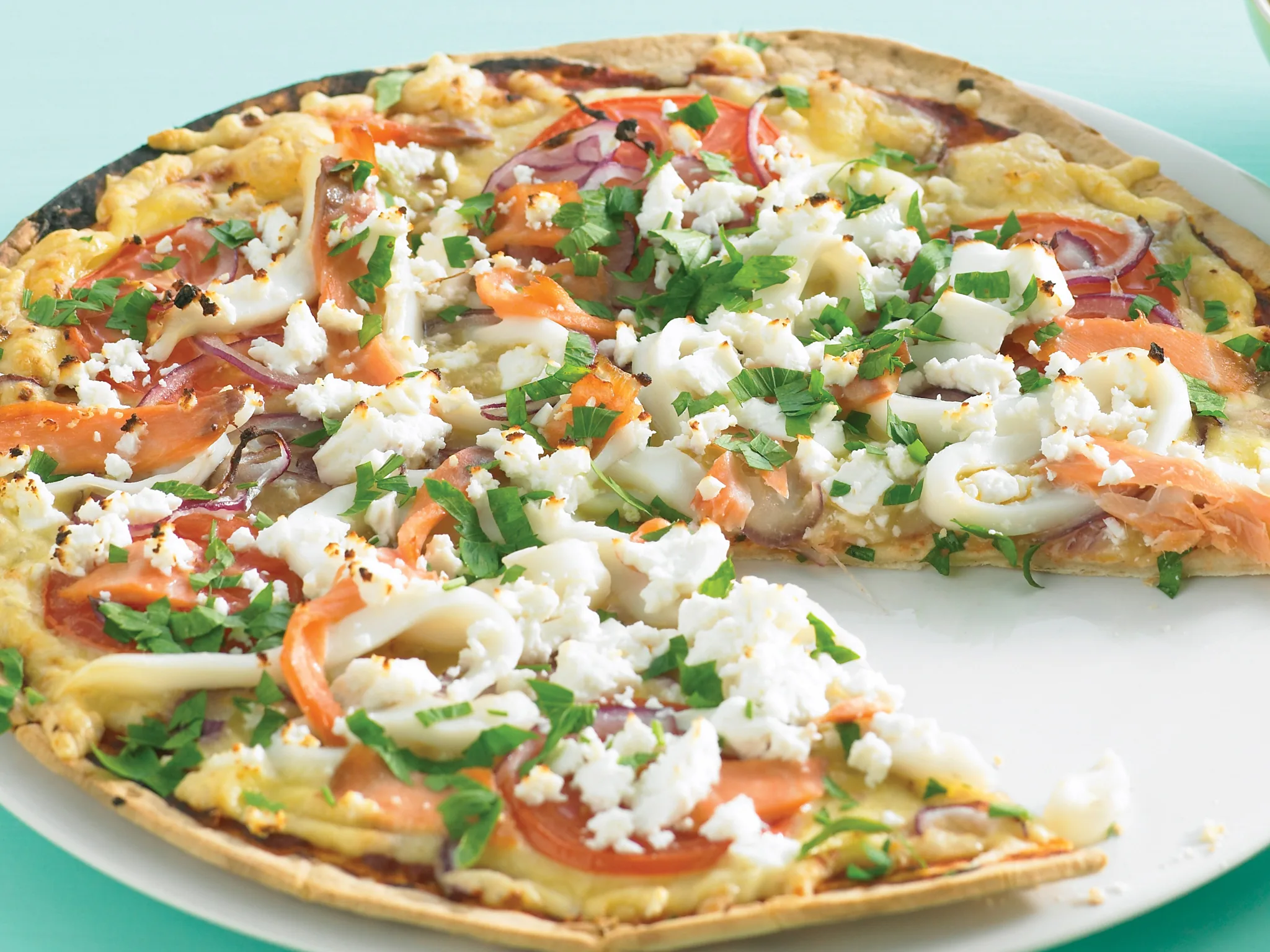 Smoked Salmon, Tomato and Fetta Pizza