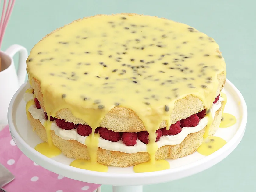 Raspberry sponge with passionfruit icing