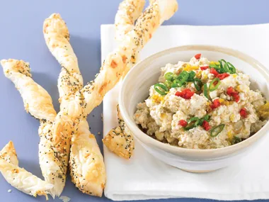 Green Olive Dip with Sesame Twists