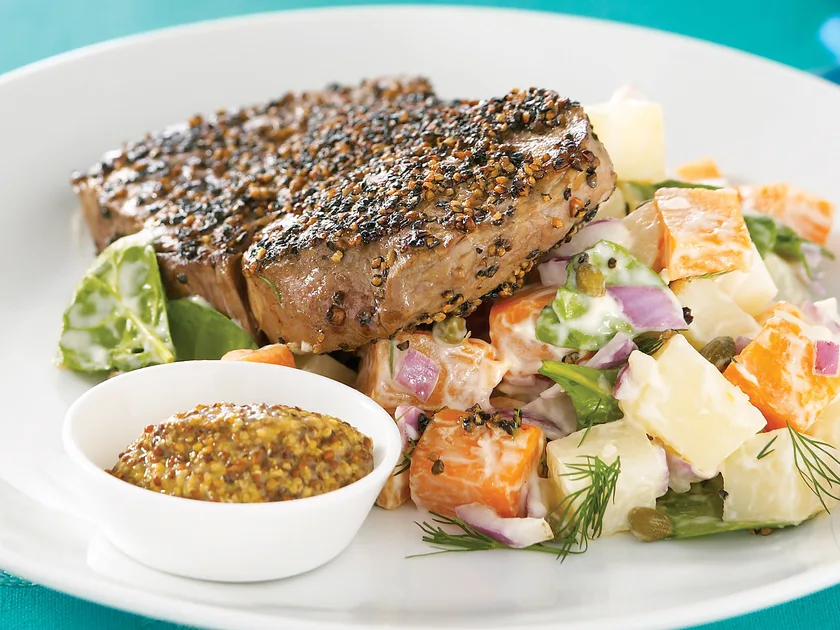 Peppered steak with potato salad
