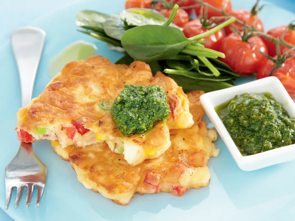 Corn and Feta Fritters with Pesto