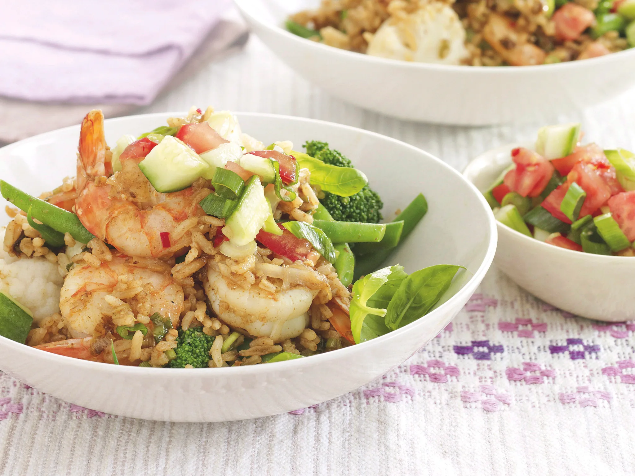 Curried Prawn Fried Rice with Tomato and Cucumber Salad