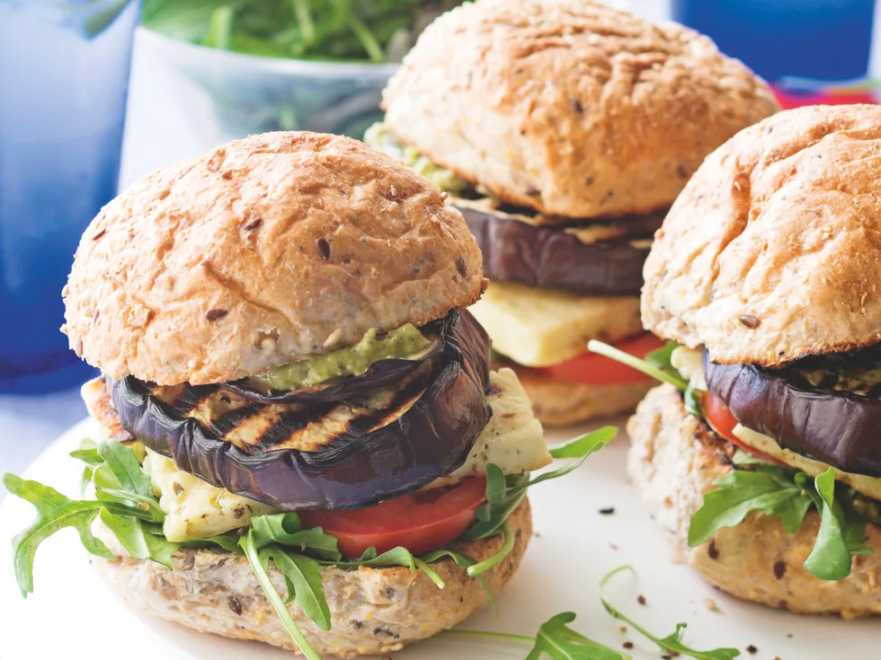 Char-grilled Eggplant, Haloumi and Pesto Burgers