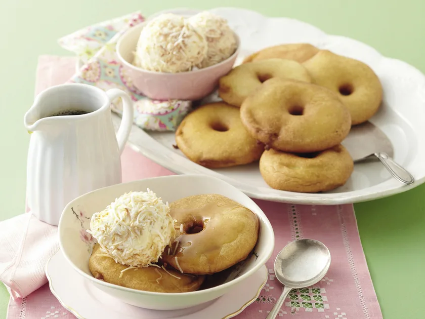 Apple fritters with coconut ice-cream