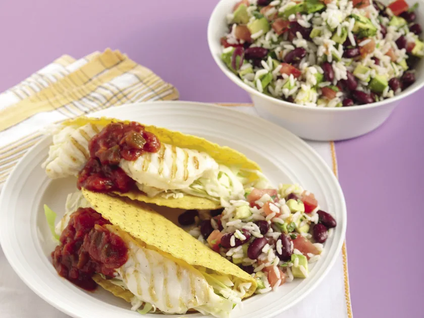 Fish tacos with avocado rice