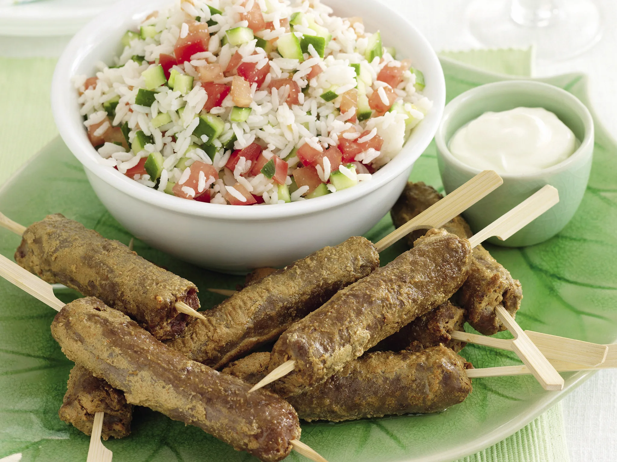 Sausage kofta with rice and yoghurt