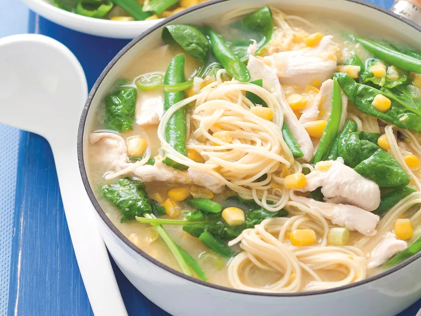Easy chicken and corn noodle soup with baby spinach recipe