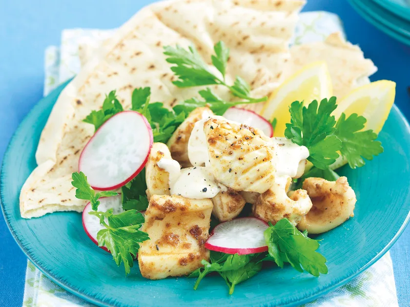 Cumin-spiced calamari with radish salad