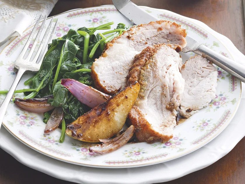 Mustard pork with balsamic pears