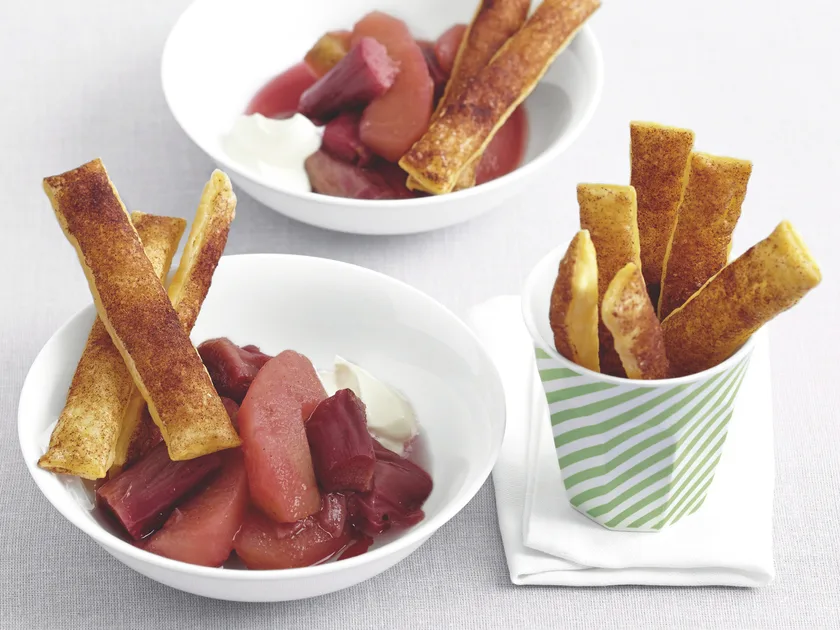 Poached fruit with cinnamon puffs