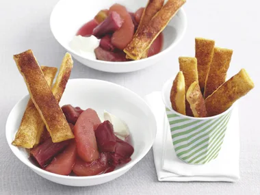 Poached Fruit with Cinnamon Puffs