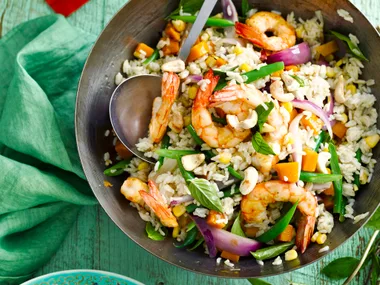 Green curry prawn, basil and cashew fried rice
