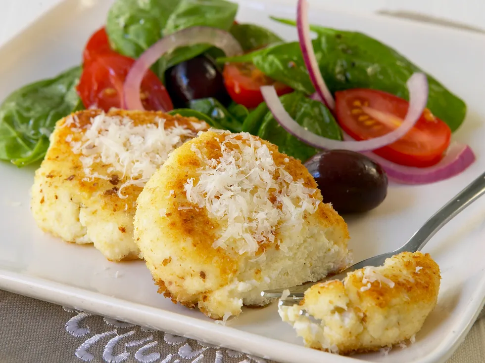 Crumbed Ricotta fritters with Spinach Salad
