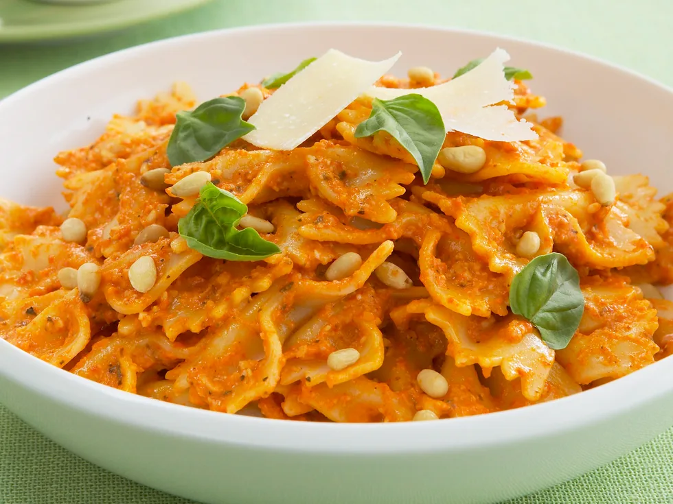 Farfalle with char-grilled capsicum pesto