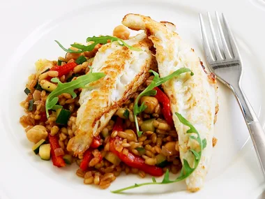 flathead with barley and chickpeas