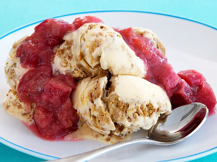 ginger nut ice-cream with rhubarb sauce