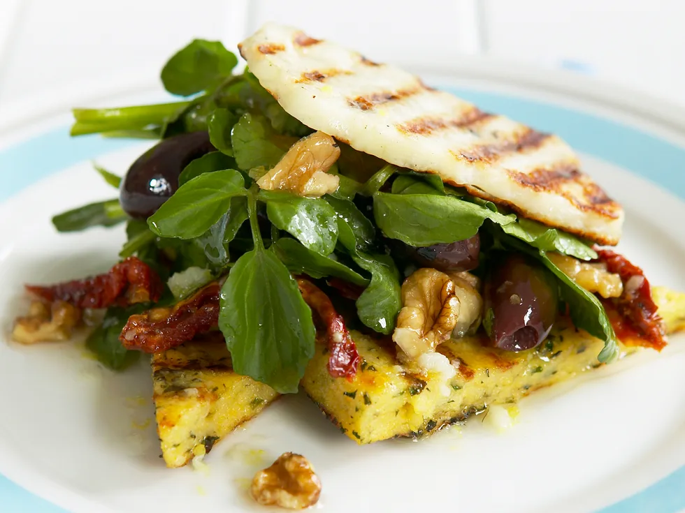 grilled polenta with watercress and haloumi salad