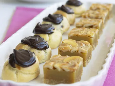 Honey Cashew Slice and profiteroles with chocolate custard