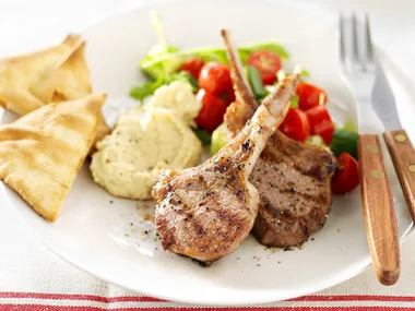 hummus with chargrilled lamb cutlets