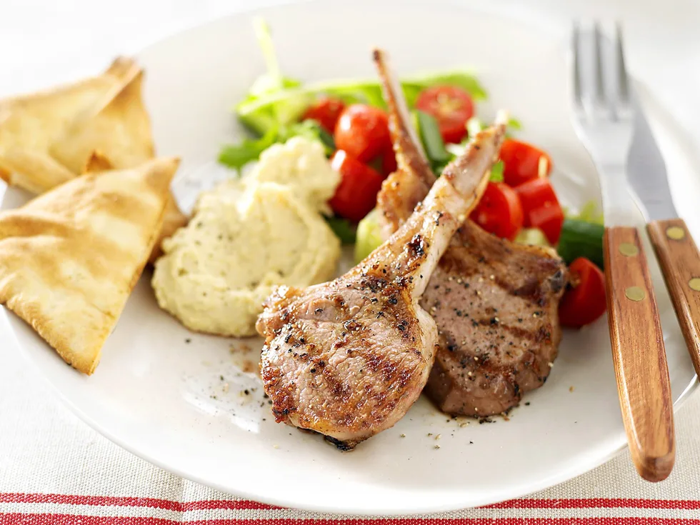 hummus with chargrilled lamb cutlets