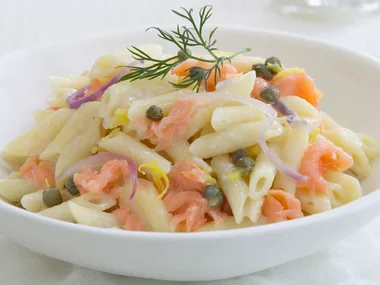mini penne with smoked salmon and capers