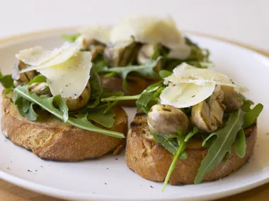 mushroom bruschetta with parmesan and rocket