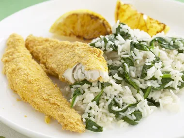 mustard-crumbed fish with spinach pilaf