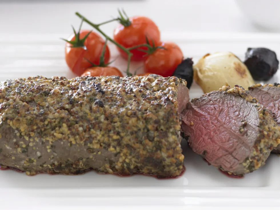 mustard-crusted beef with lemon and garlic aioli
