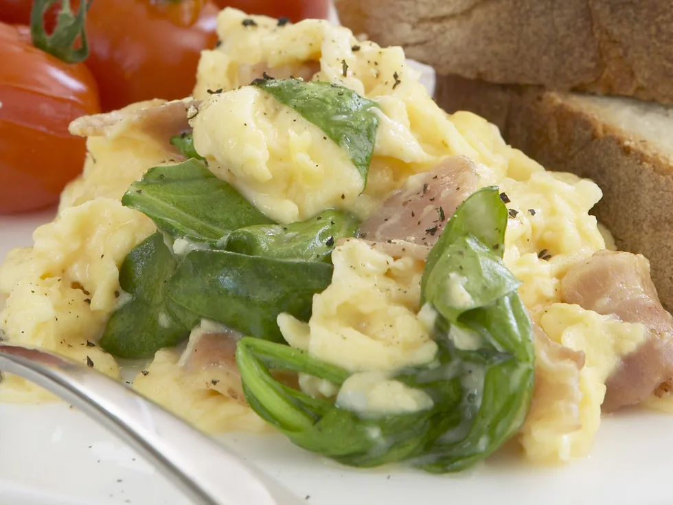 pancetta and spinach creamy scrambled eggs